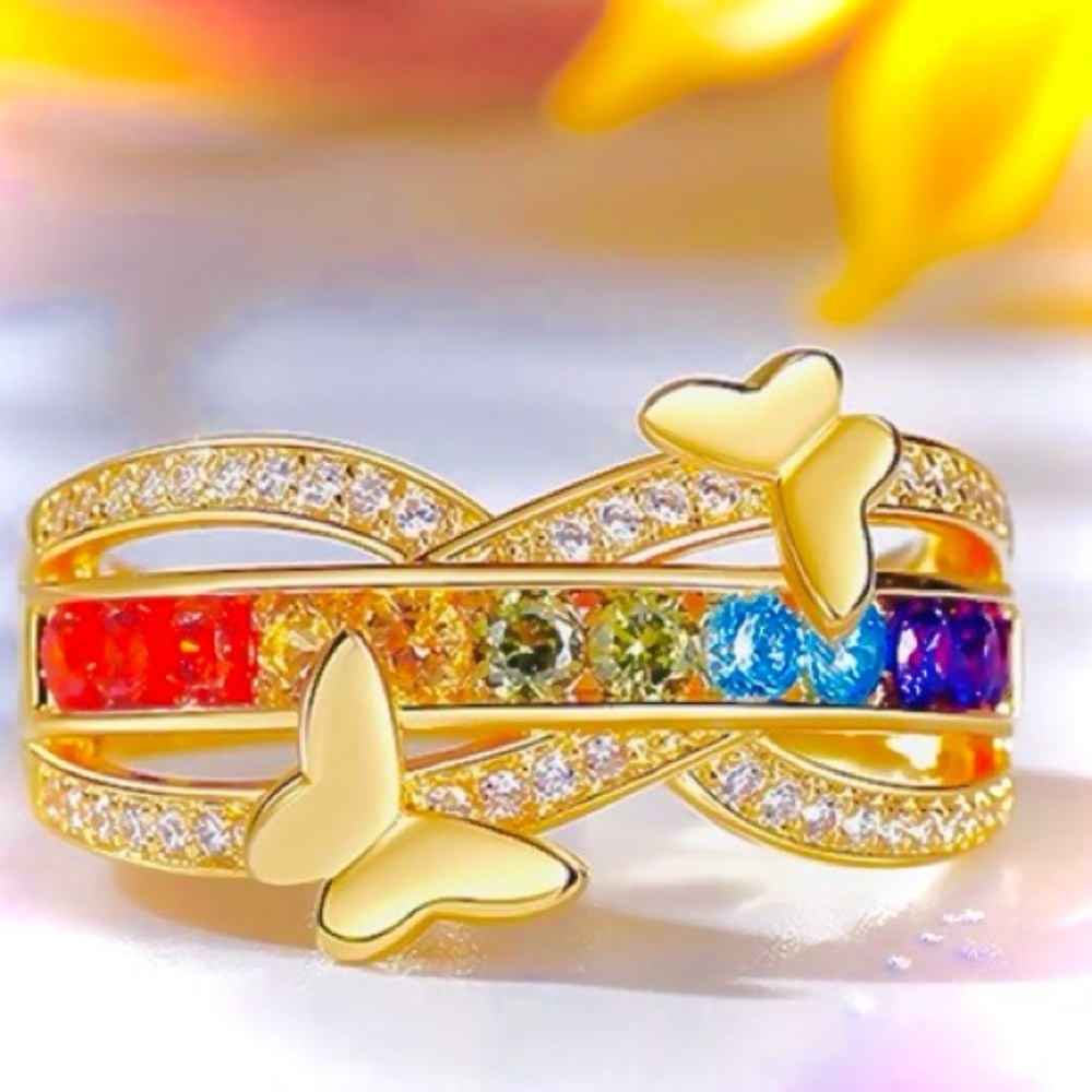 Valentine’s Day Ready, Beautiful Multi-Color Zirconia Gold Silver Butterfly Ring